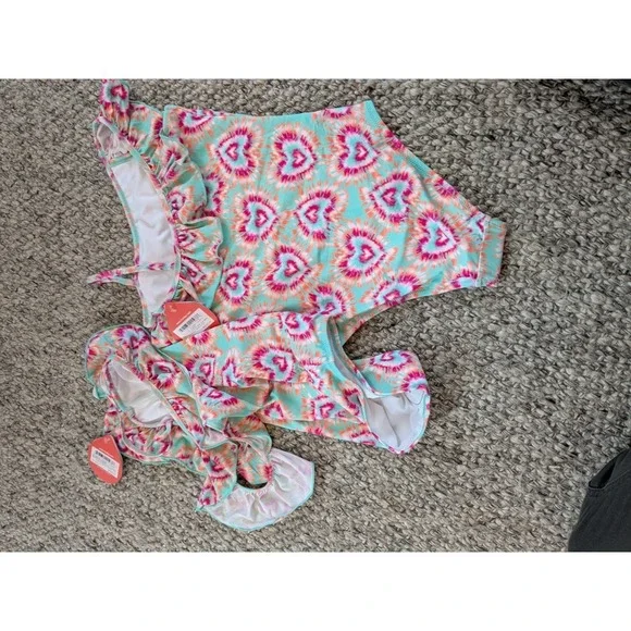 NWT Hatley Swim Rainbow Tie Dye Glow Hearts 1 Piece Swimsuit Ruffle Trim Girls 8 - Picture 6 of 7
